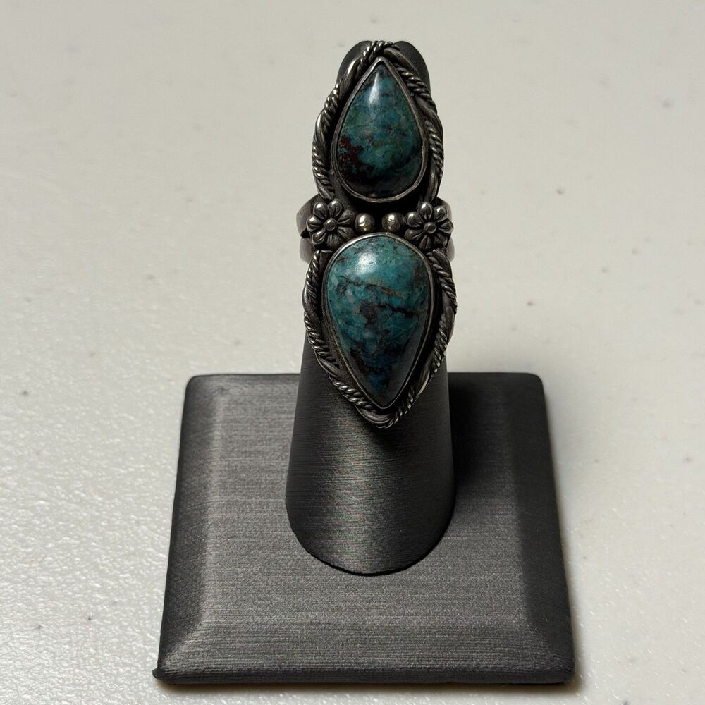Vintage Signed Southwestern Statement Chrysocola Sterling Size 6.25 Ring - Picture 3 of 5